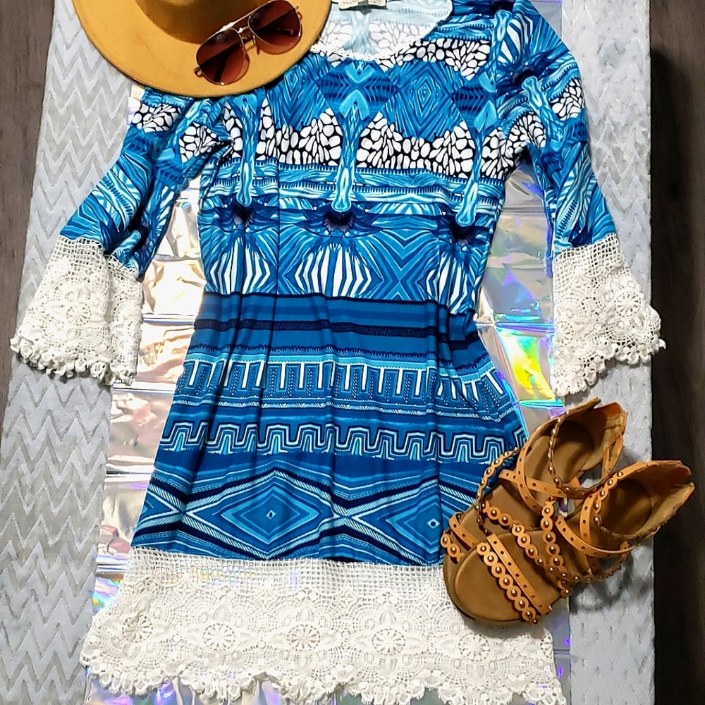NYC Abstract Lace Bell Sleeve Dress
